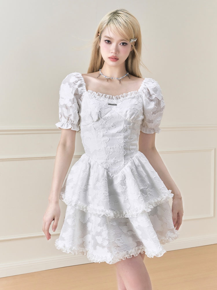 Französischer Puffärmel Jacquard Fluffy Kleid