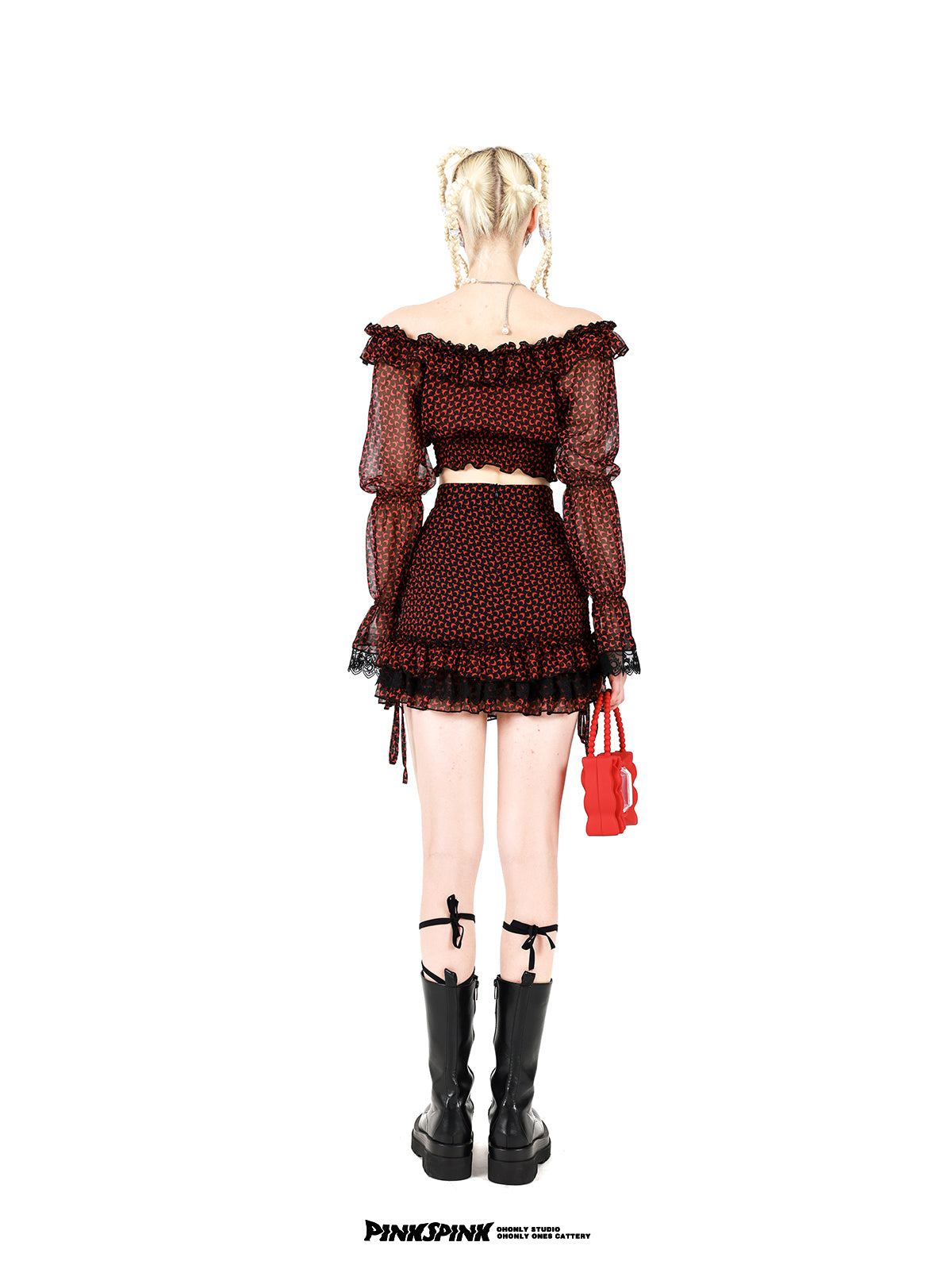 Cropped Sheer Moon Frill Blouse Skirt Set-up