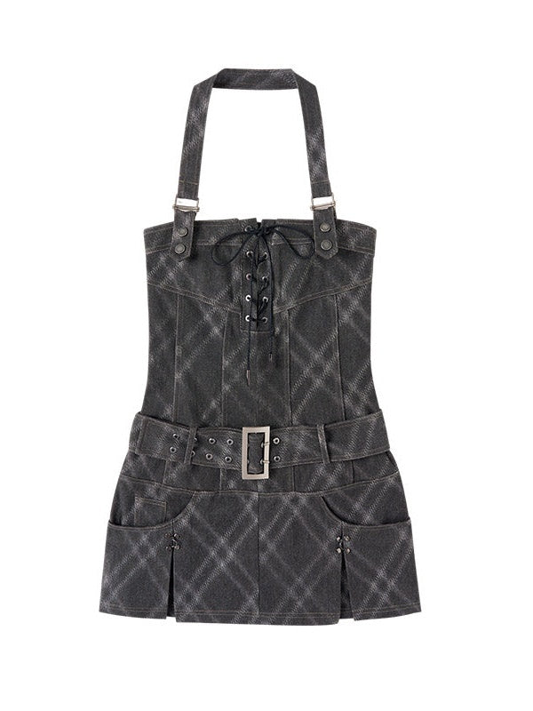 Plaid Denim Removable Strap Suspender Skirt