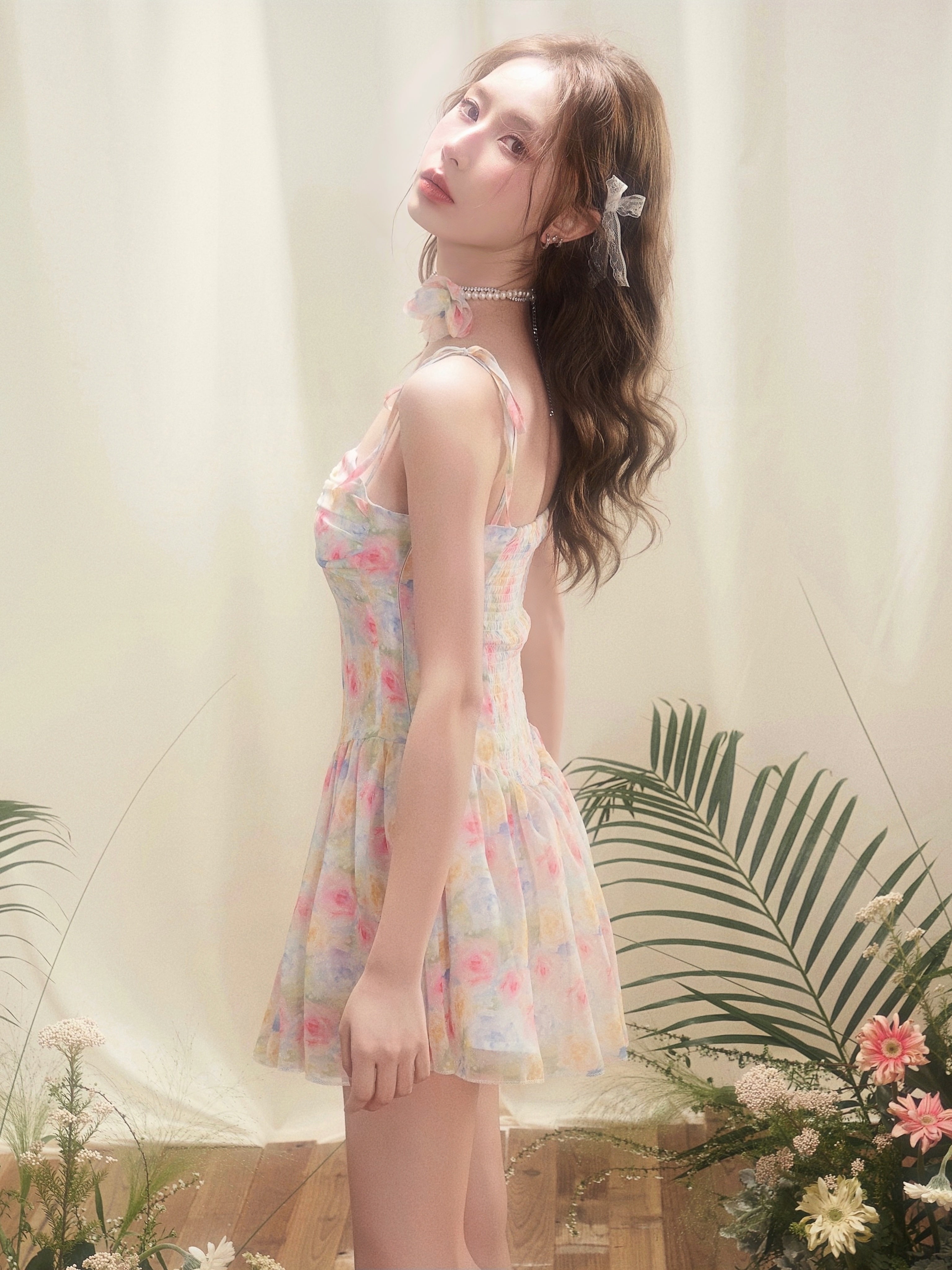 Smudged Floral Suspender Dress With Rose Pearl Necklace