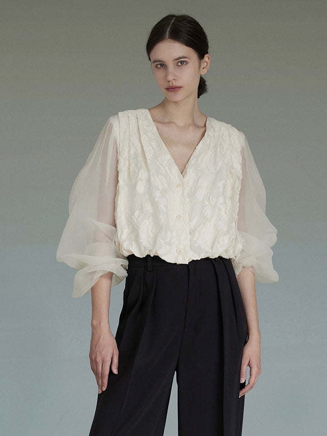 Jacquard Tulle V-neck Shirt