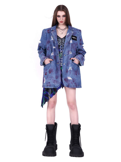 IRREGULAR SUPER HOLE SHOULDER PADS DENIM JACKET