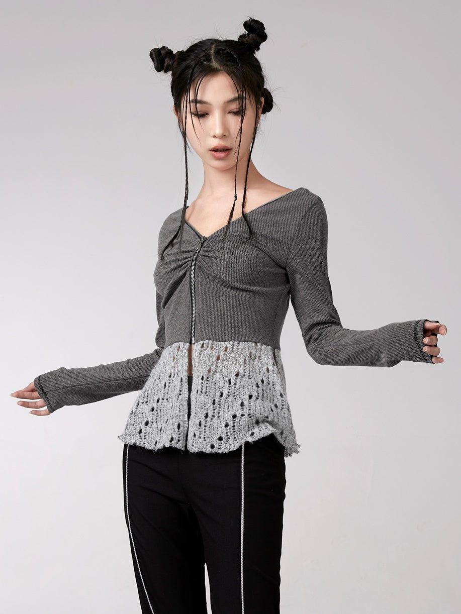 V-NECK ZIPPER KNITTED CARDIGAN