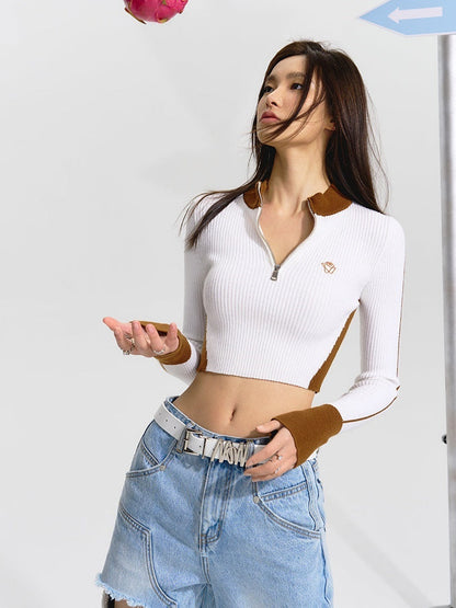 Half Zipper Short Slim Knitted Top