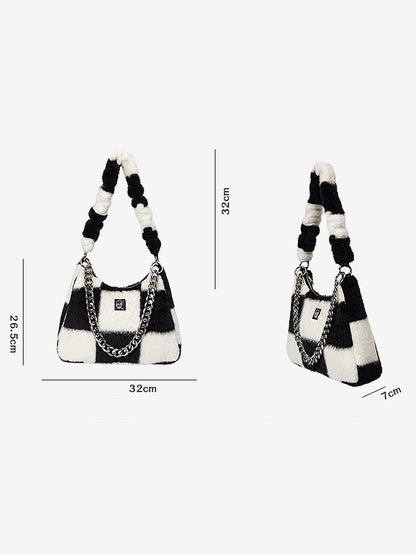 CHECKERBOARD PLAID CHAIN ​​SHOULDER FUR BAG