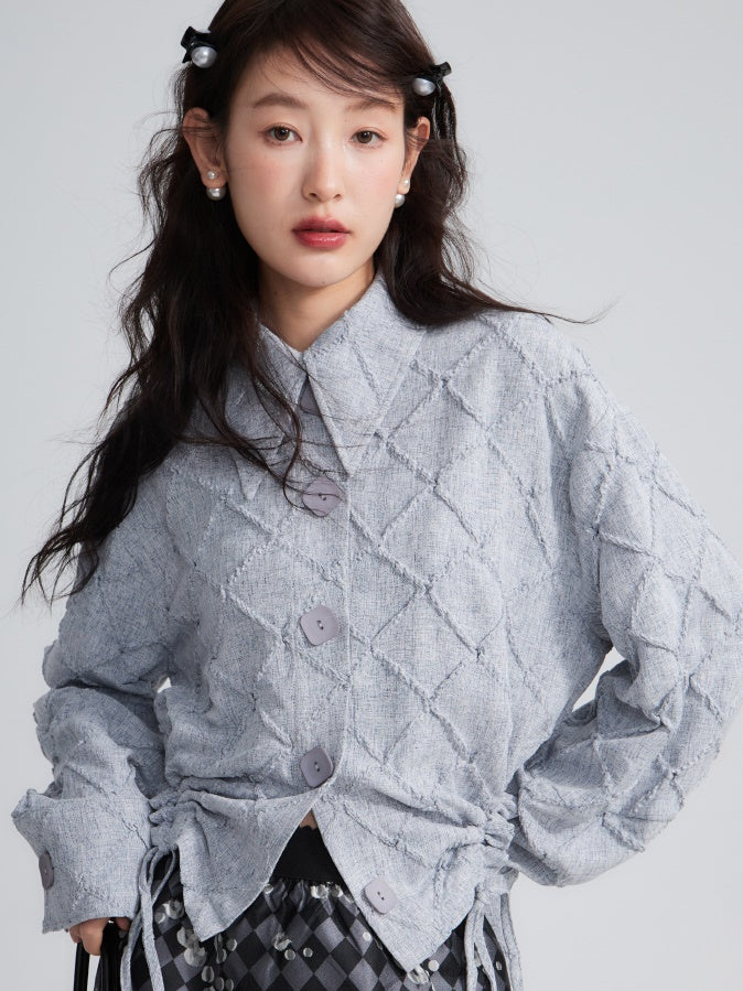 Rhombus Textured Waist Drawstring Shirt Shirt