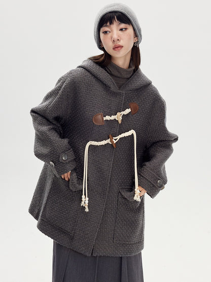 Hooded Horn Buckle Wool Coat