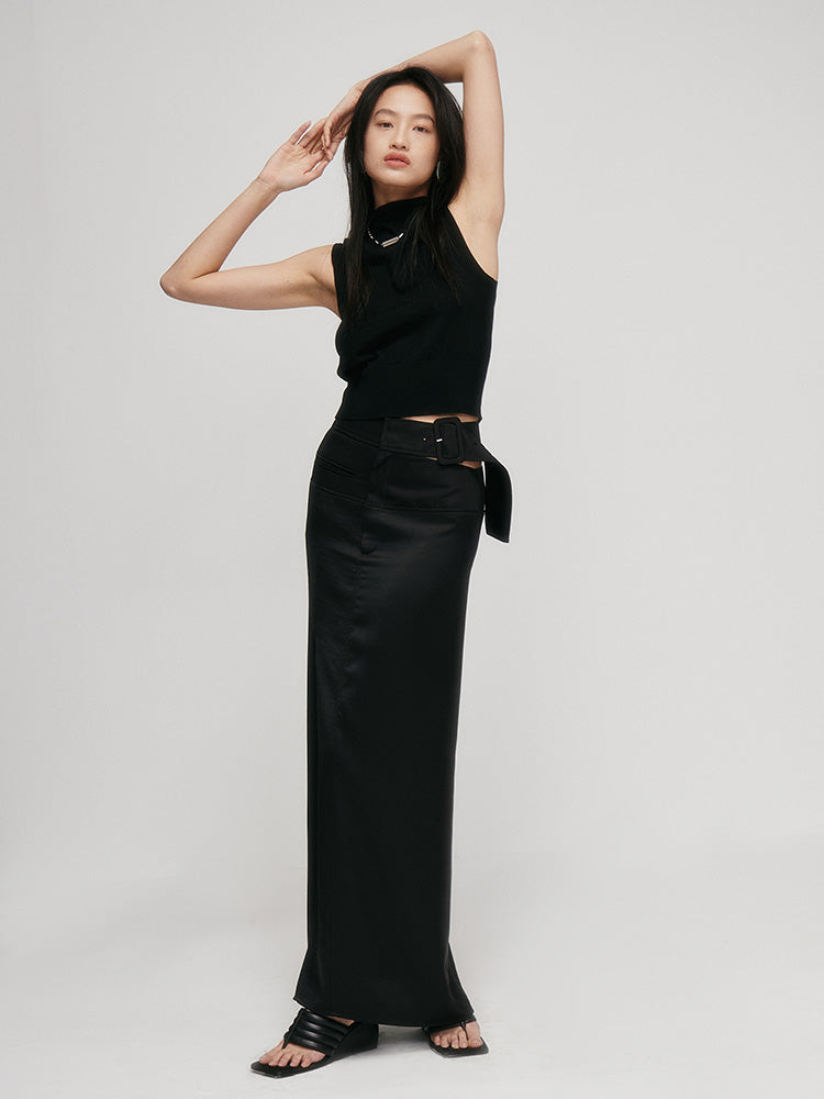 Satin Stitching Slit Skirt