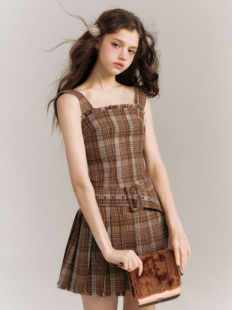 Plaid Belted Strap Skirt