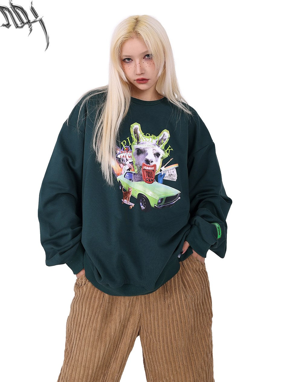 Grass Mud Horse Round Neck Sweat