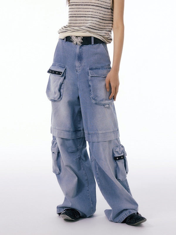 Multi-pocket Washed Straight Wide-leg Pants