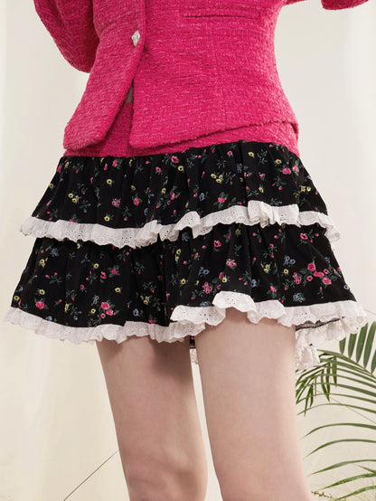 Off-Shoulder Detachable Floral Fragrant Fragrant Wind Jacket &amp; Cake Skirt