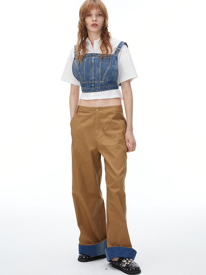 Denim Suspenders Wide-Leg Pants