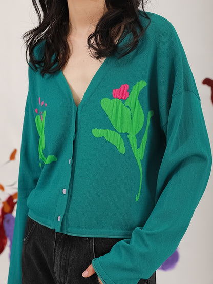 Tulip Pattern Jacquard Tricot Cardigan