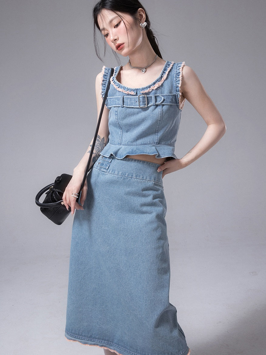 Denim Vest &amp; Skirt &amp; Bottoming T-Shirt Set-UP