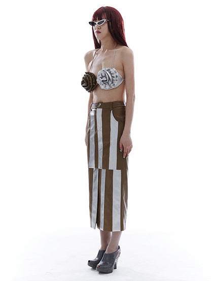 Asymmetric Stitching Leather Skirt