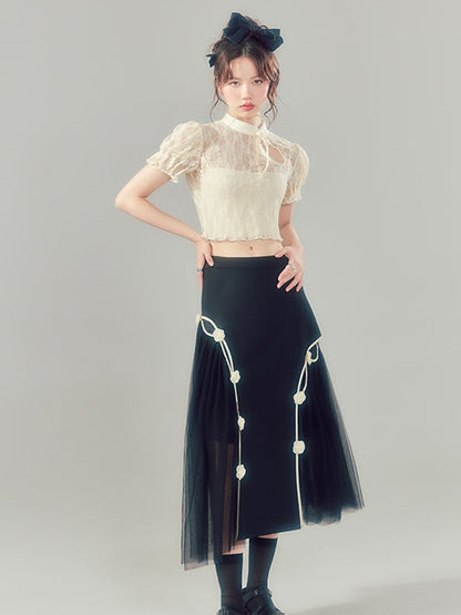 High Waist Bow Mesh Irregular Skirt