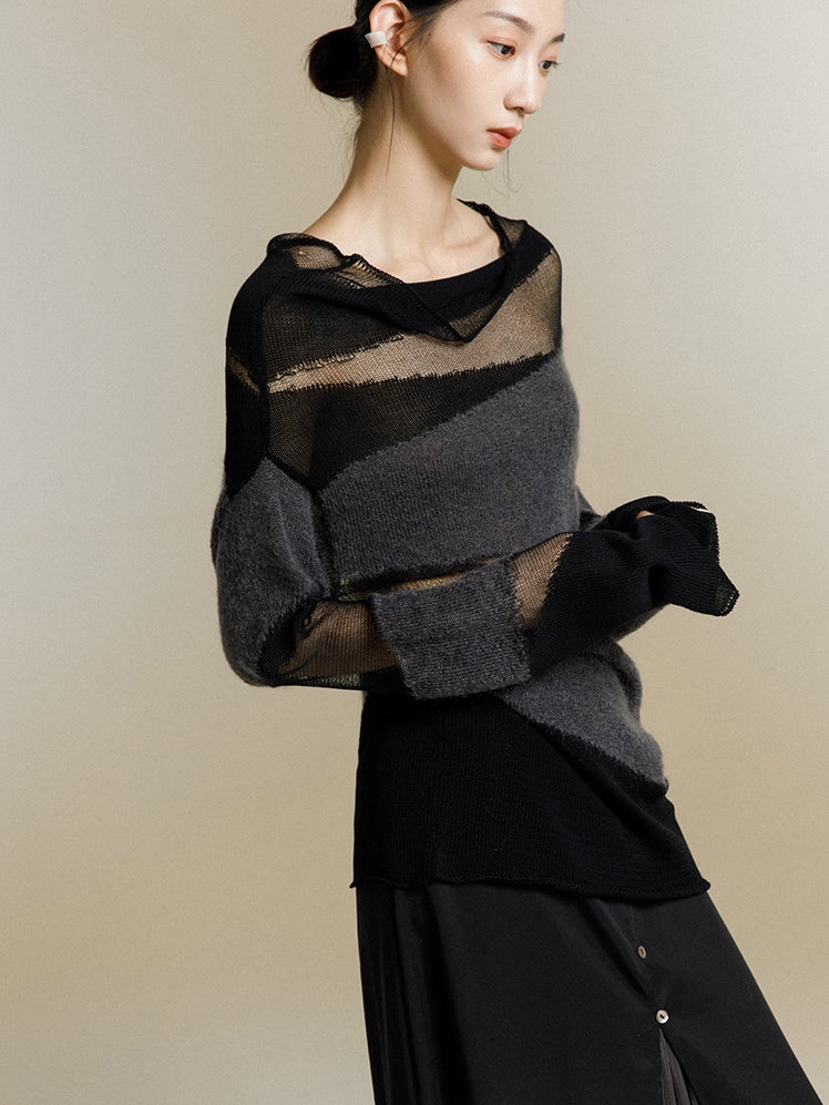 Mesh Stitching Hollow Knitted Sweater