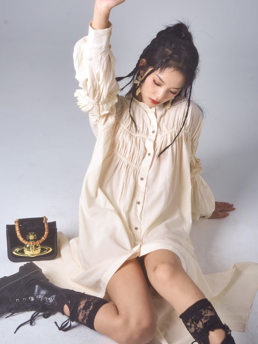 Ruffled Cotton Shirring Long Dress – ARCANA ARCHIVE