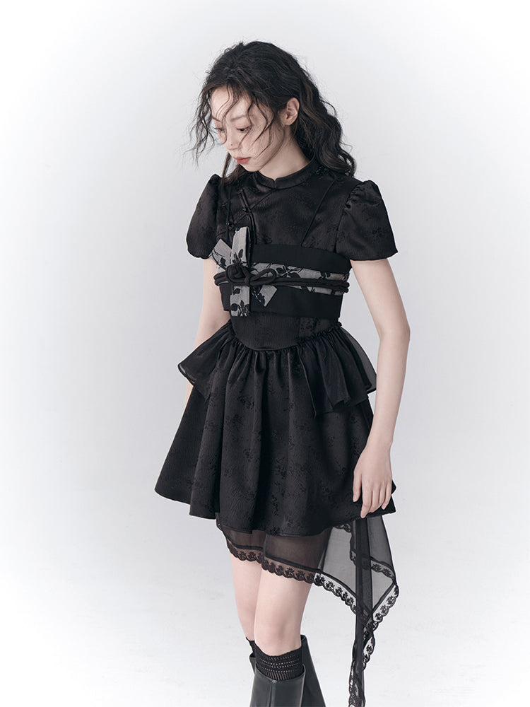 New Chinese-style Buckle Asymmetric Fluffy Dress