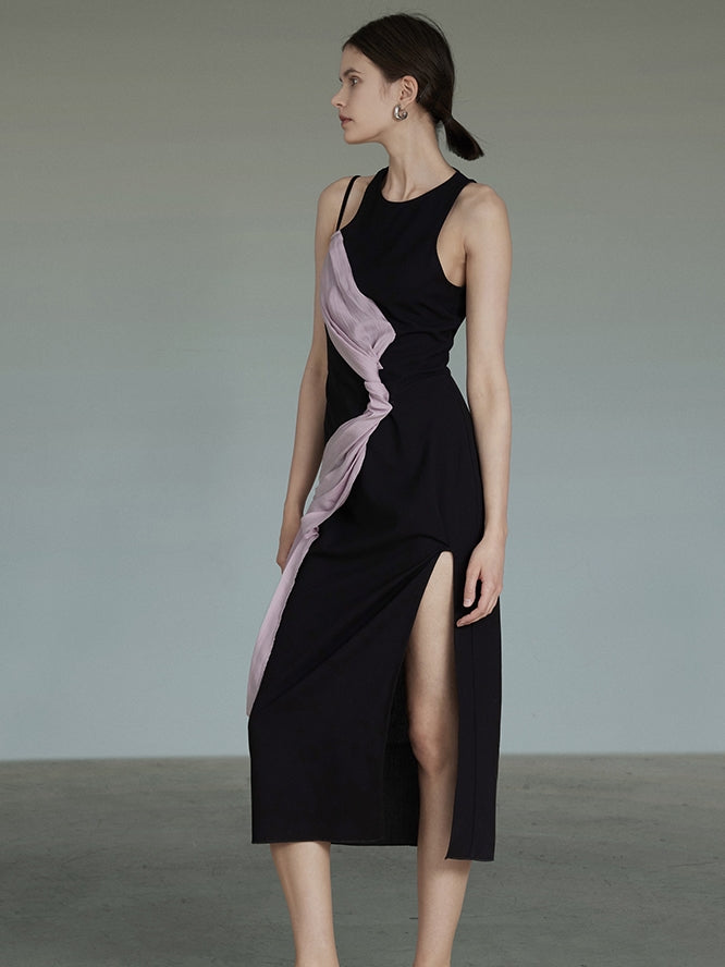 Stitching Sleeveless Slit Long Dress