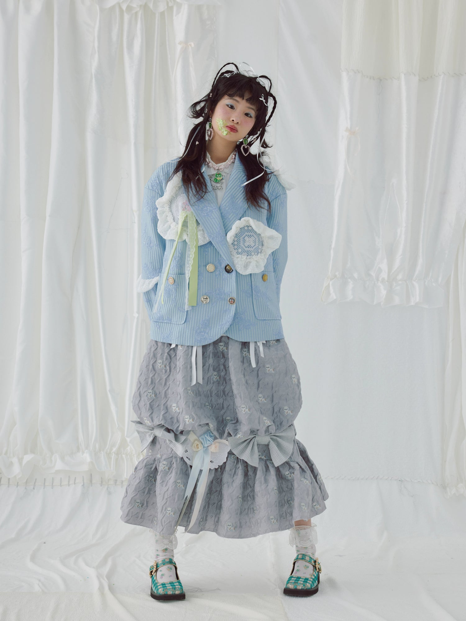 Oversize Lace Stitch Floral Stripe Design Jacket