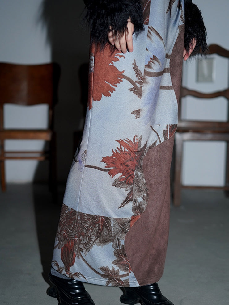 Suede Patch Print Long Skirt - badtaste – ARCANA ARCHIVE