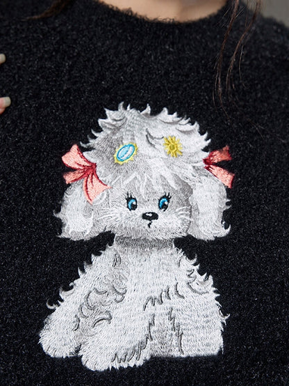 Puppy Embroidered Short Sleeve Knit Sweater