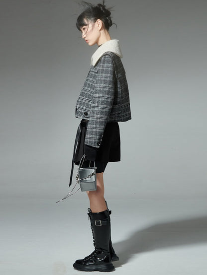 Grid-shaped Asymmetric Double-sided Short Jacket