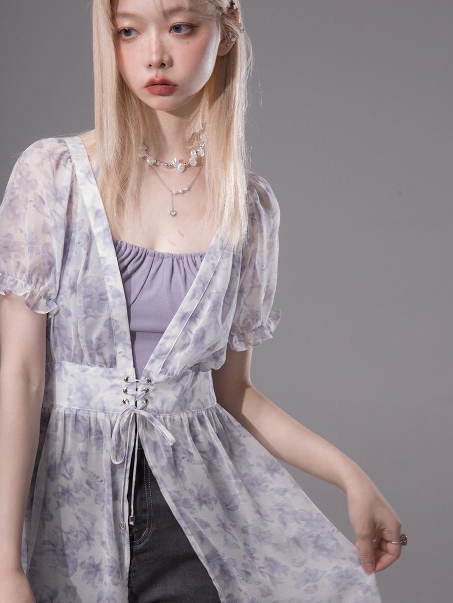 Romantic Transparent Floral Shirt &amp; Camisole Set-UP