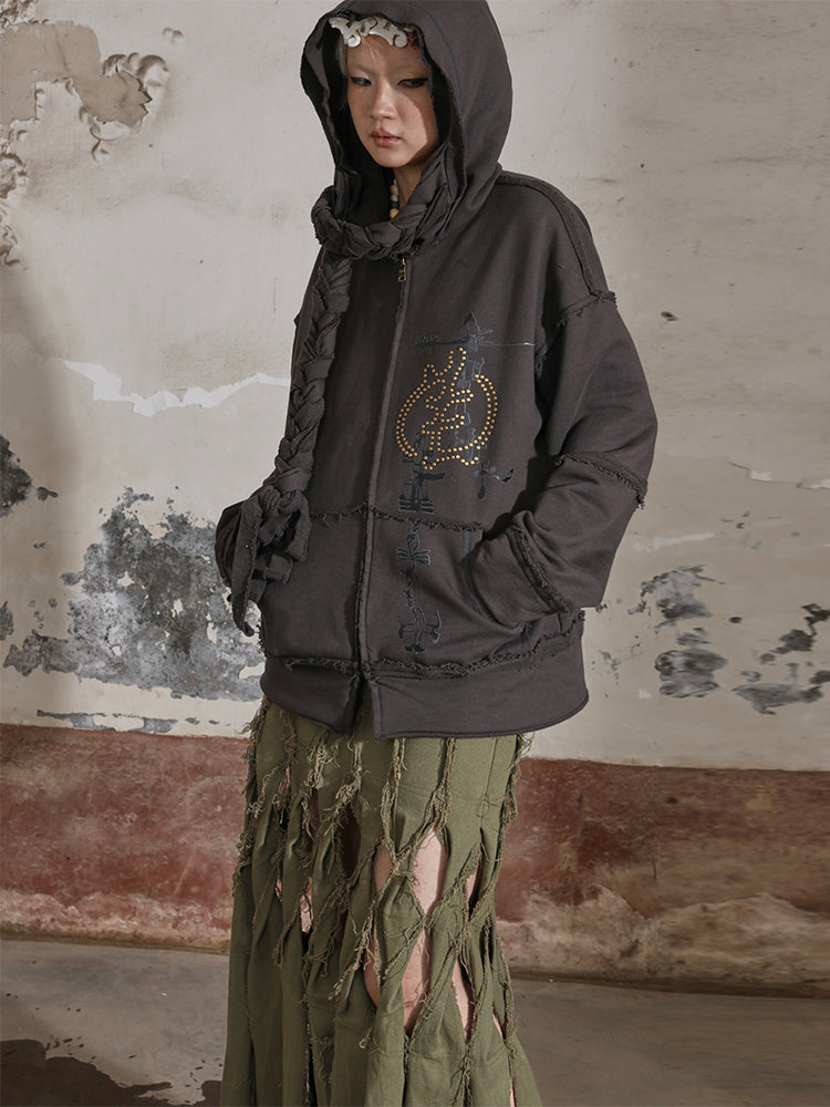 Braided Printed Rivets Loose ZIP-up Parka