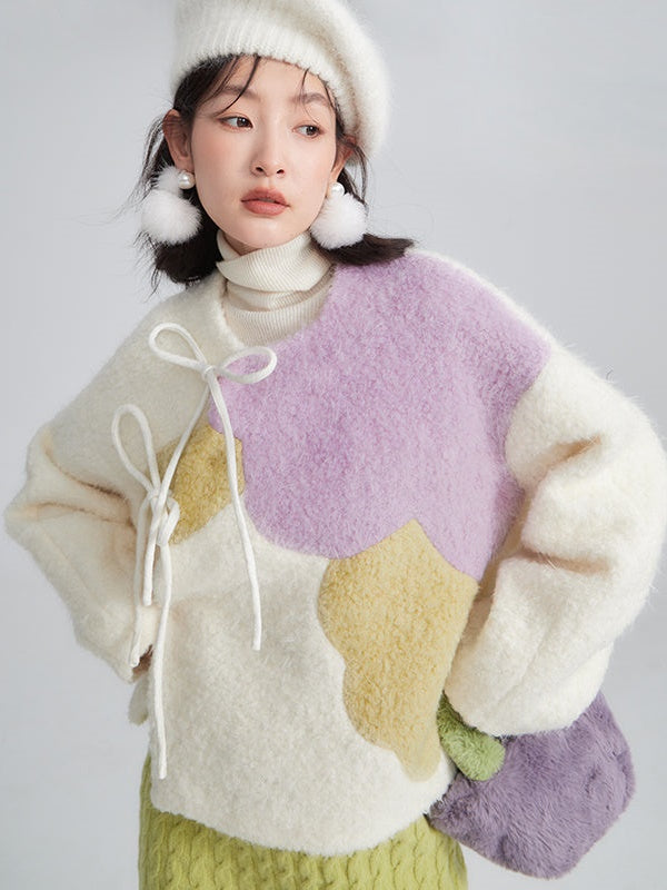 Contrast Color Peony Slanted Placket Heavy Woolen Coat