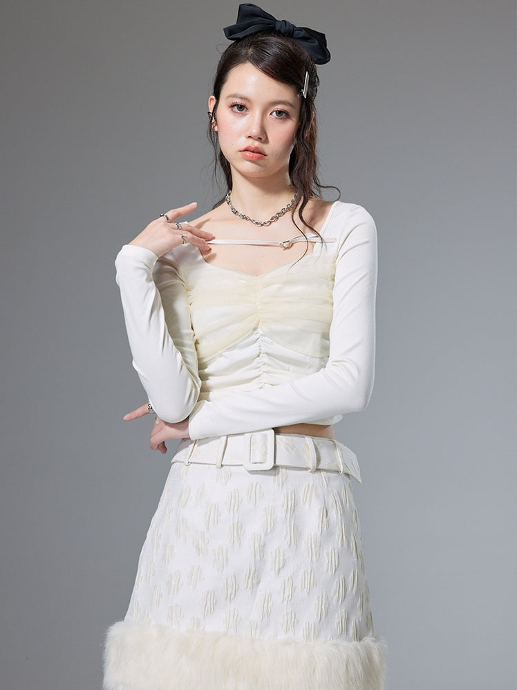 Mesh Stitching Smocked Bottoming Shirt