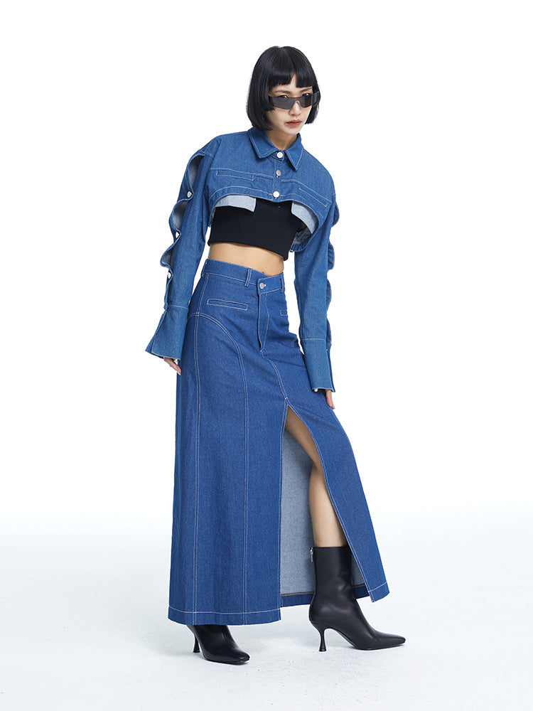 Denim Cropped Jacket Wave Bolero