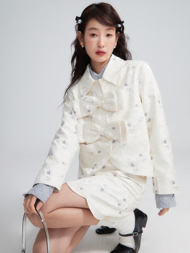 Bow Embossed Jacquard Short Jacket