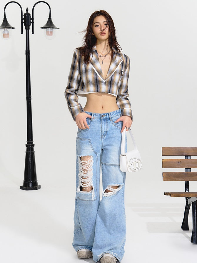 Fake Two-Piece Plaid Cropped Jacket