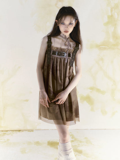 Belt Graffiti Suspender Gauze Dress