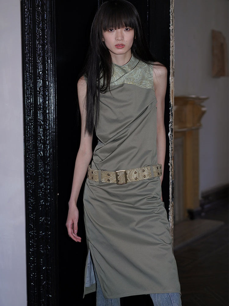 Panel Gathered Mid-Length Turtleneck Tank One-Piece