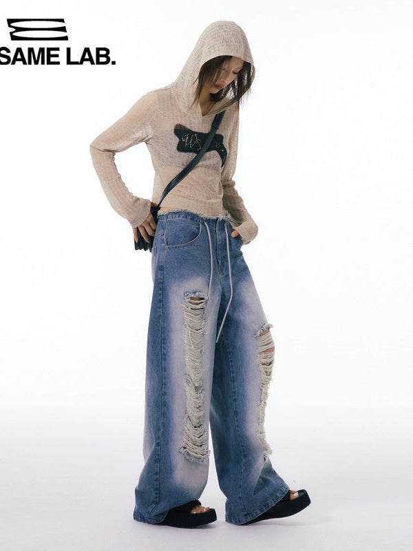 Ripped Washed Wide Leg Jeans