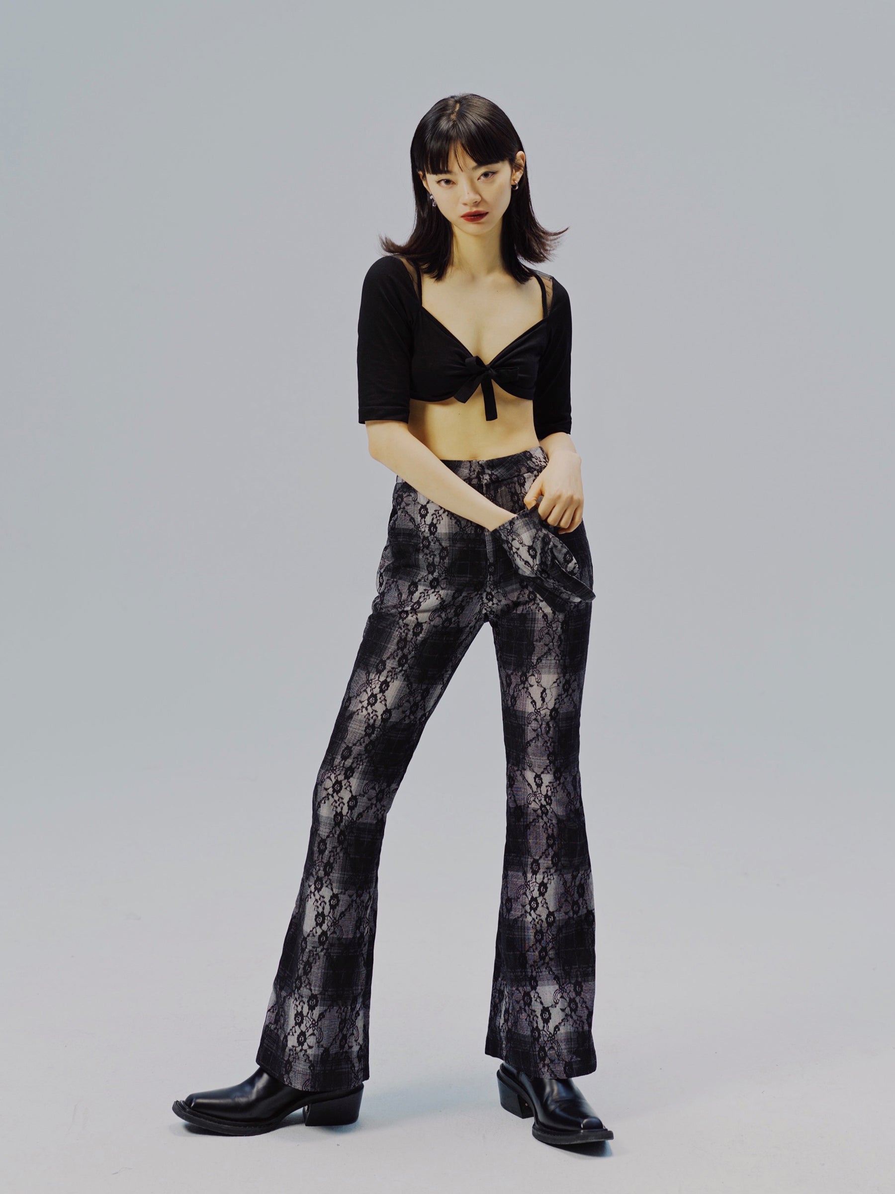 Micro-SLACK PLAID FLARED PANTS