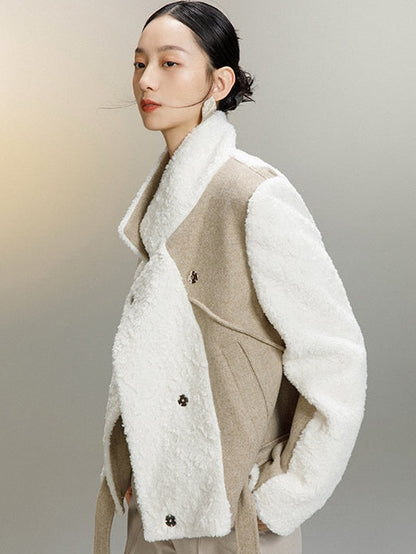 Lambskin Stitched Woolent Cropped Coat