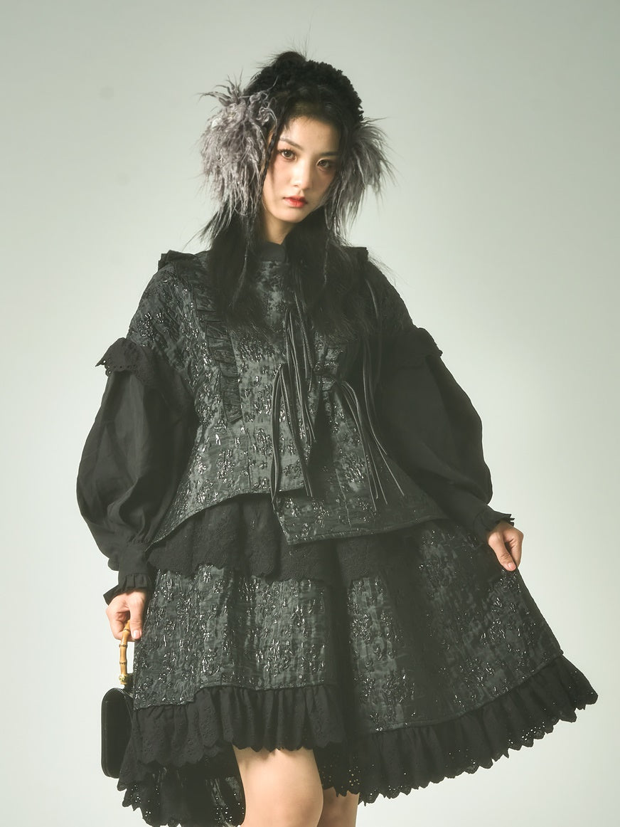 Jacquard Improved Chinese Style Lace Shirred Ruffled jacket &amp; Skirt