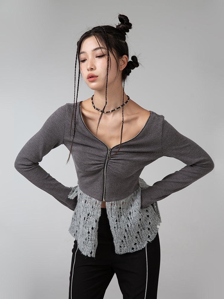 V-NECK ZIPPER KNITTED CARDIGAN