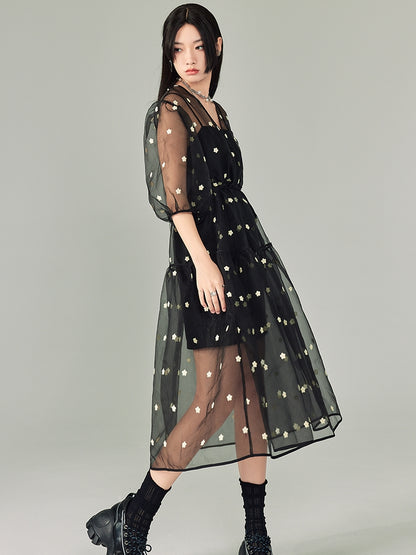 V-Neck Polka Dot Floral Mesh Dress