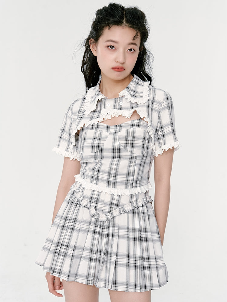 Suspender Top &amp; High Waist Pleated Skirt