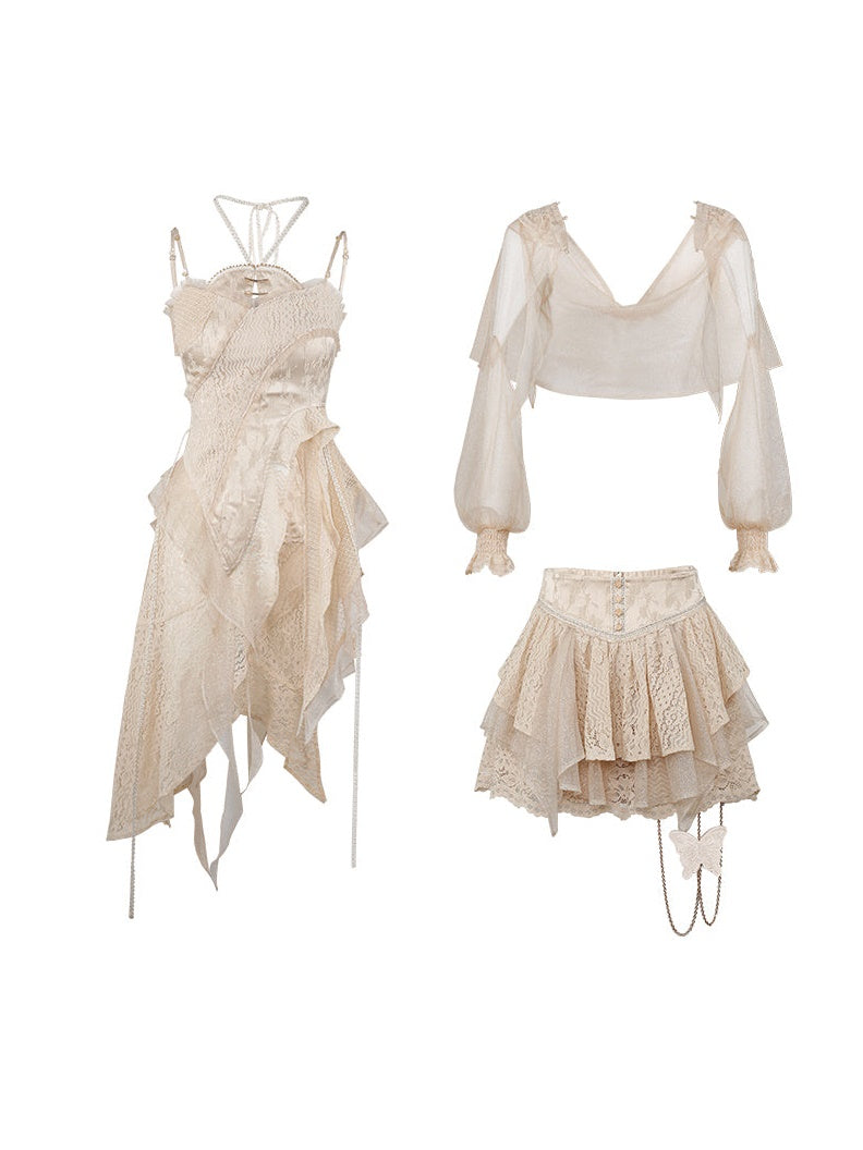 Lace asymmetry Long Camisole Top &amp; Cake Culottes Skirt &amp; Shawl Top