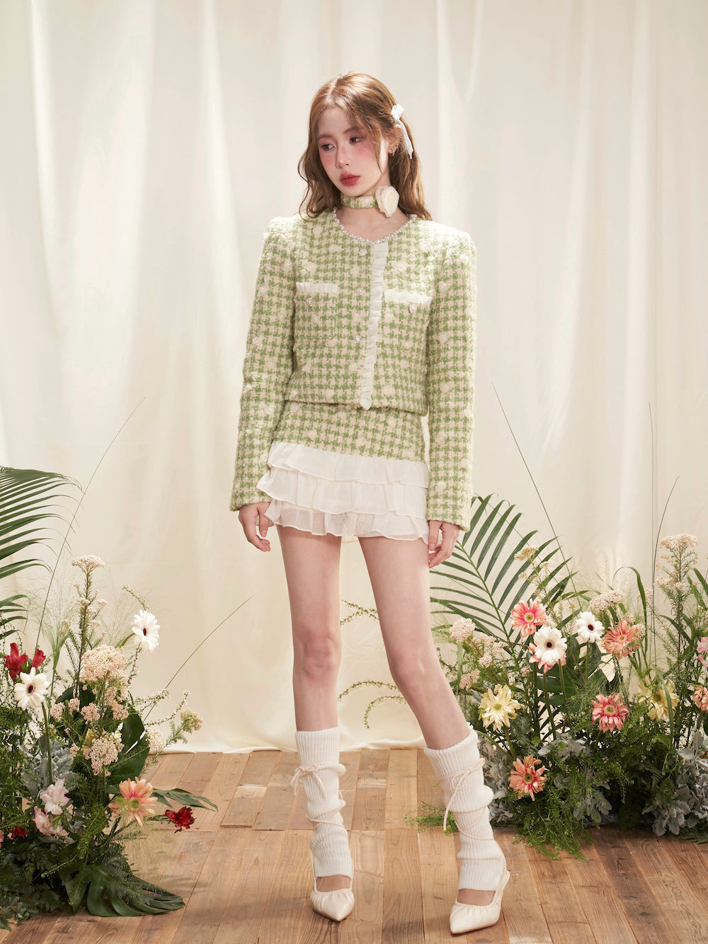 Three-dimensional Flower Fragrance Lace Jacket ＆ Cake Skirt