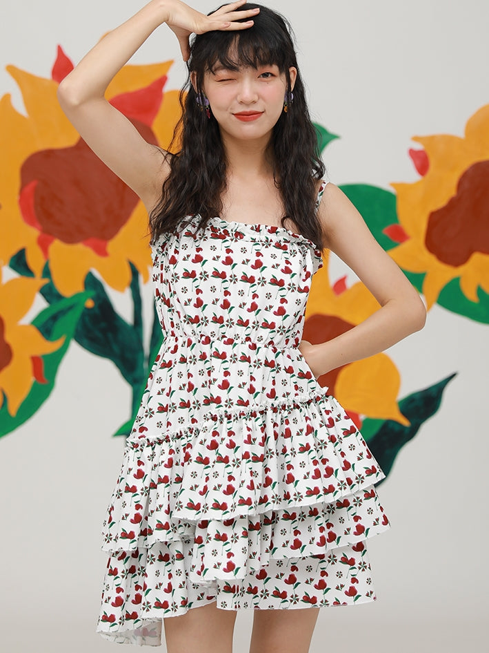 Small Floral Print IRREGULAR LOTUS LEAF SLING DRESS