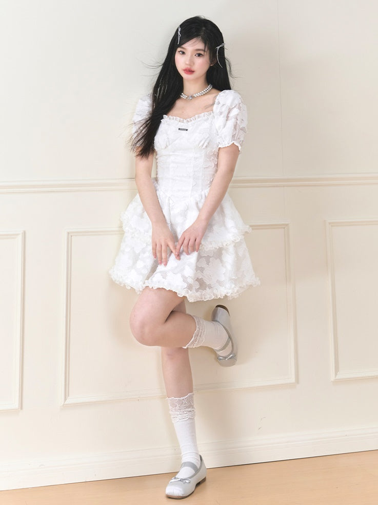 French Puff Sleeve Jacquard Fluffy Dress