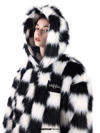 Block-check Fur Bi-color Over-size Blouson